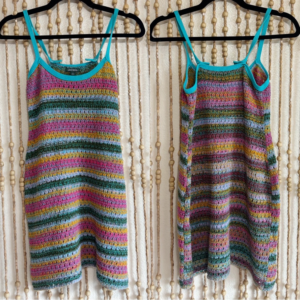 NWOT Rainbow Striped Crochet Knit Festival Rasta Mermaid Boho Beach Tank Dress